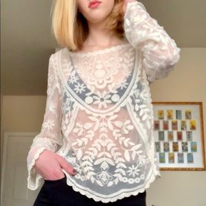 Bohemian sheer lace long-sleeved top